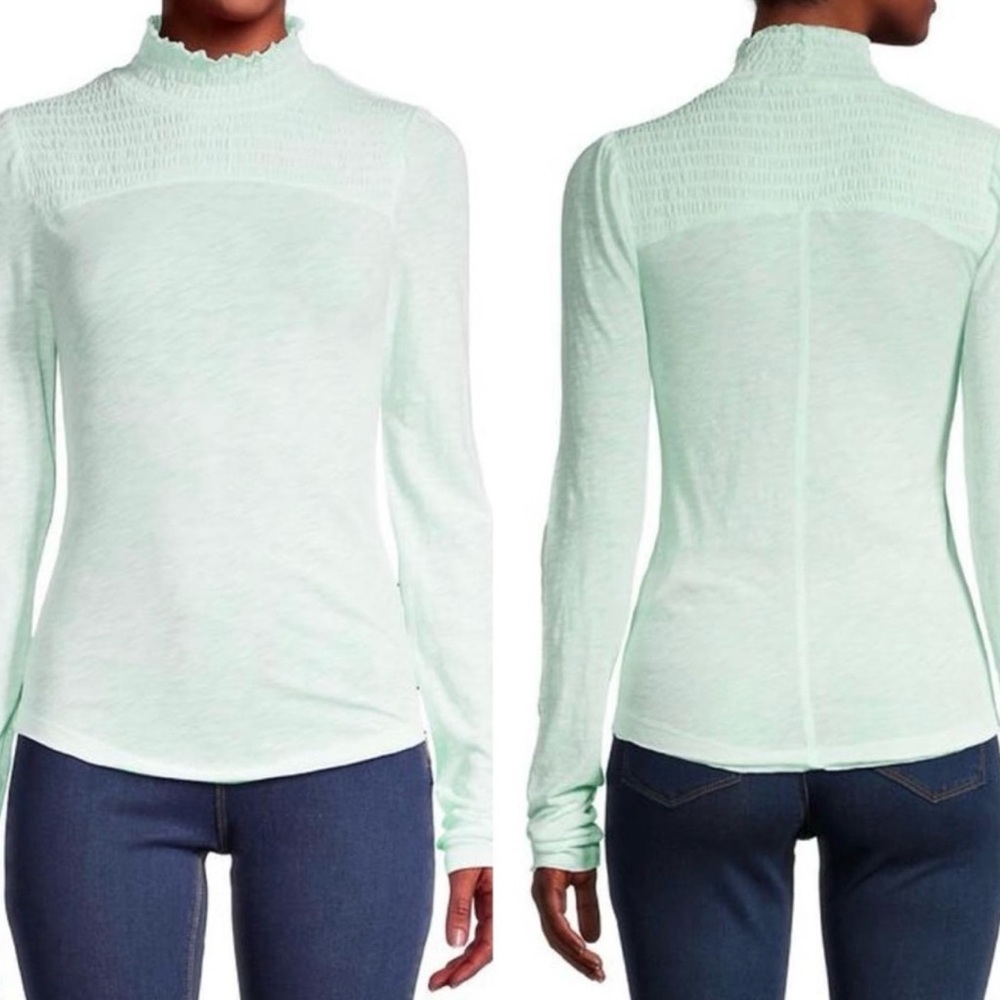 NWT Free People Caroline Aqua Smocked Turtleneck Lightweight Jersey Top Small